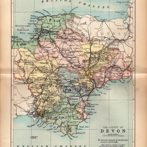 County of Devonshire 1895 Antique Victorian Coloured Map.