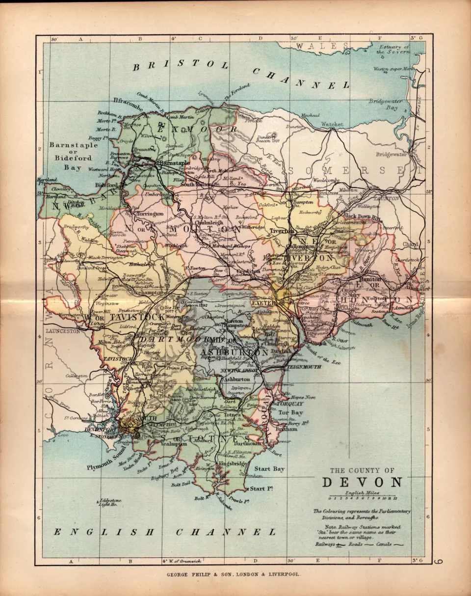County of Devonshire 1895 Antique Victorian Coloured Map.