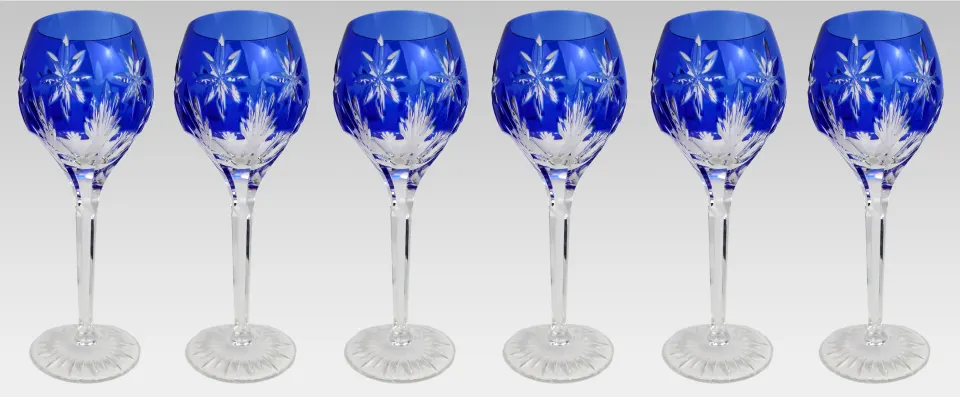 Set of 6 Fine Vintage Horst Belda Blue Overlay Crystal Wine Glasses