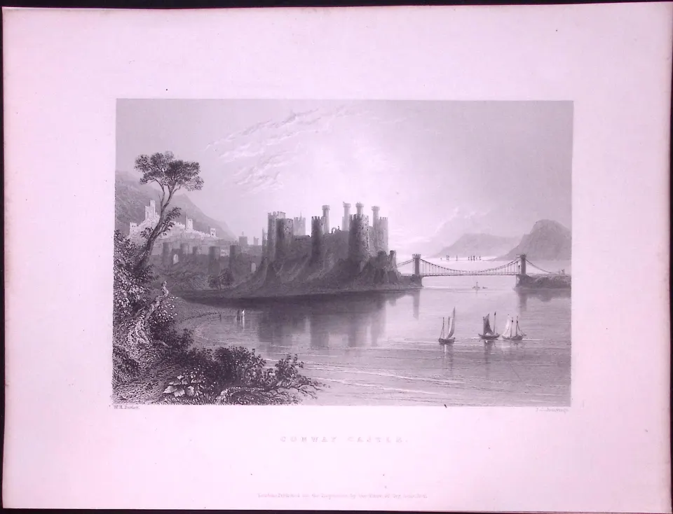 Conway Castle Wales WH Bartlett 1842 Antique Steel Engraving-88