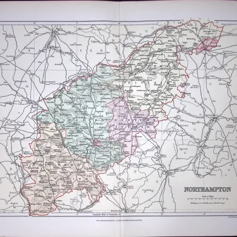Northamptonshire Detailed 1894 Antique Coloured 130 Years-Old Map.