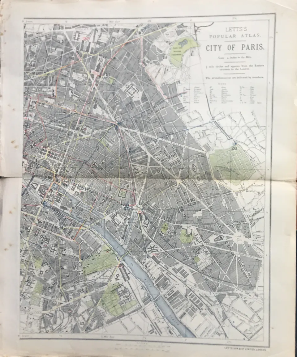 City Of Paris France Victorian Letts 1882 Antique Coloured Map.