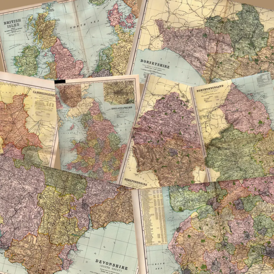 Collection of 11 Coloured Victorian Large Antique Maps GW Bacon 1899 Set 2.