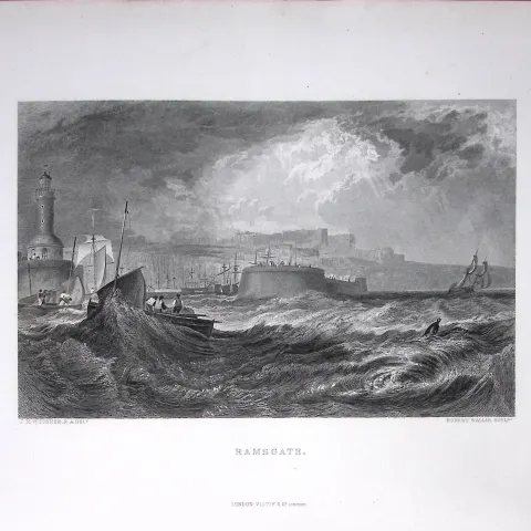J.M.W Turner View of Ramsgate Port & Town Antique Steel Engraving-82-TR