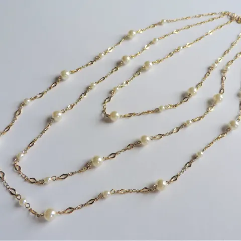 26 inch Triple Strand Gold Plated Chain Pearl Necklace with Gift Pouch
