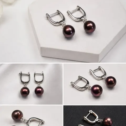 Dark Pearl Drop Earrings with Silver-Tone Clasps