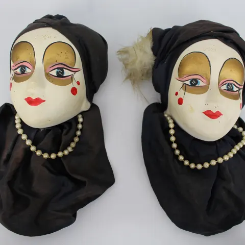 Pair of Vintage Hand-Painted Porcelain Mask Wall Plaques