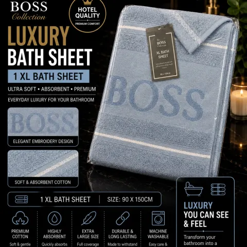 The Boss Collection XL Bath Sheet – Light Blue | 1 Piece Luxury Cotton Bath Sheet | 90 x 150cm | Ult
