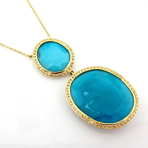 18K Yellow Gold Necklace Detailed With Turquoise and Brilliant Diamonds
