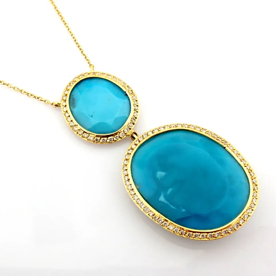 18K Yellow Gold Necklace Detailed With Turquoise and Brilliant Diamonds