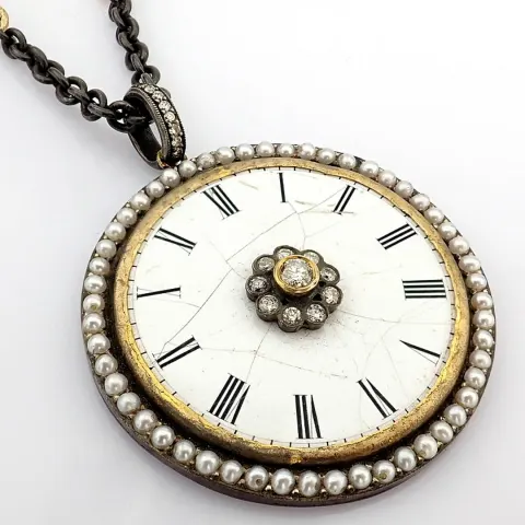 An Exquisite Necklace Made of Gold and Silver, Featuring An Antique Watch Dial Adorned With Diamonds