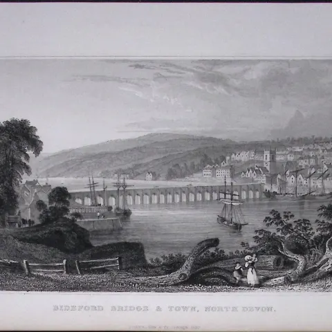 Bideford Bridge & Town North Devonshire Antique 193 Years-Old Steel-Engraving-45