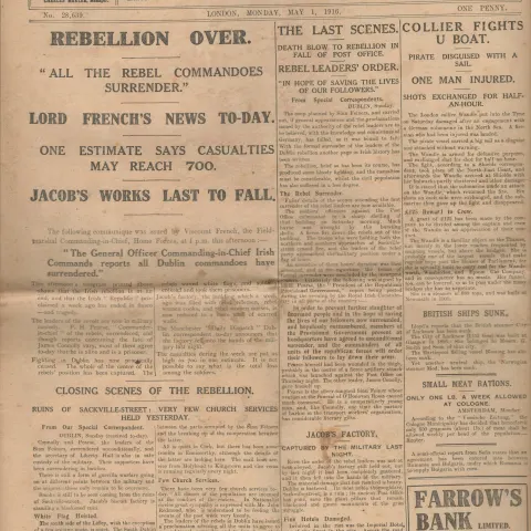 Easter Rising 1916  Newspaper all the Rebel Commandoes have Now Surrendered.