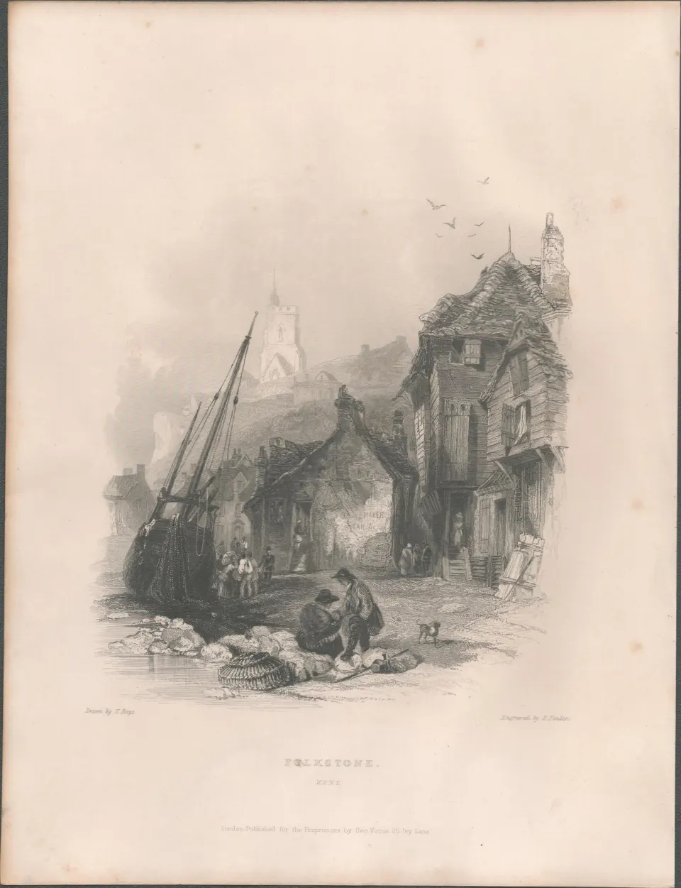 Folkestone Kent View of the Town Antique WH Bartlett  1842 Steel Engraving