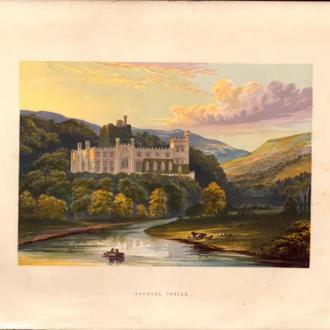Arundel Castle West Sussex  Gilt-Edge Coloured Antique Book Plate. Stunning Gilt-Edged Colour Plate