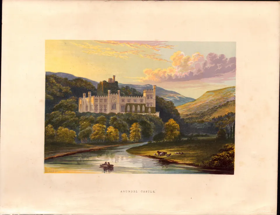 Arundel Castle West Sussex  Gilt-Edge Coloured Antique Book Plate. Stunning Gilt-Edged Colour Plate