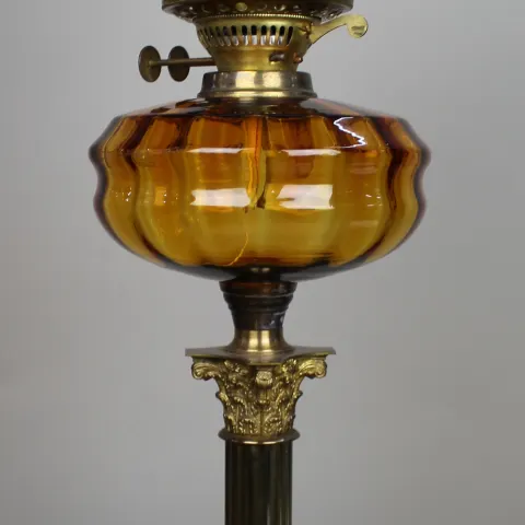 Victorian Brass Oil Lamp with Amber Glass Font