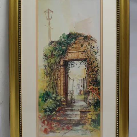 "Garden Gossip" Print Set in Gilt Frame