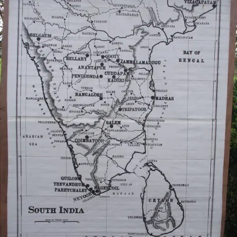 Rare - South India Cloth Map - G.W. Bacon & Co. - Showing LMS Stations - Circa 1900