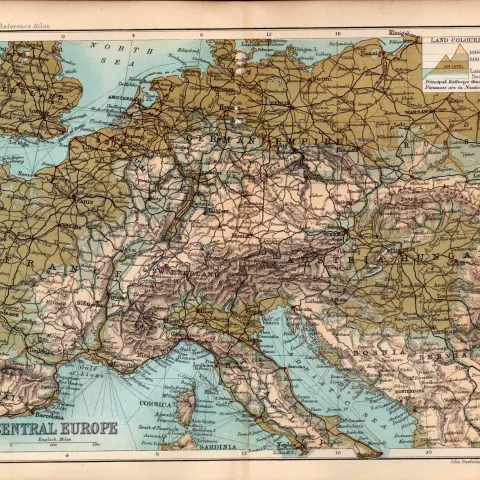 Central Europe & Malta Double Sided Coloured Victorian Antique 1896 Map.