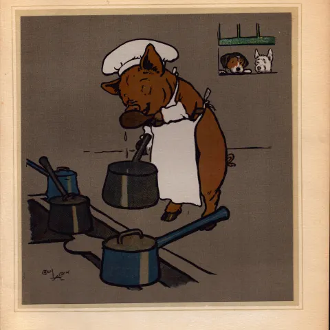 Cecil Aldin Merry Party Rare Antique Book Plate “Chef Pig Cooking Dinner”.
