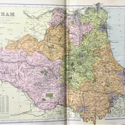 County of Durham Coloured Antique Large Map  GW Bacon 1904