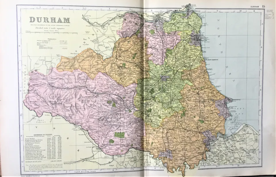 County of Durham Coloured Antique Large Map  GW Bacon 1904