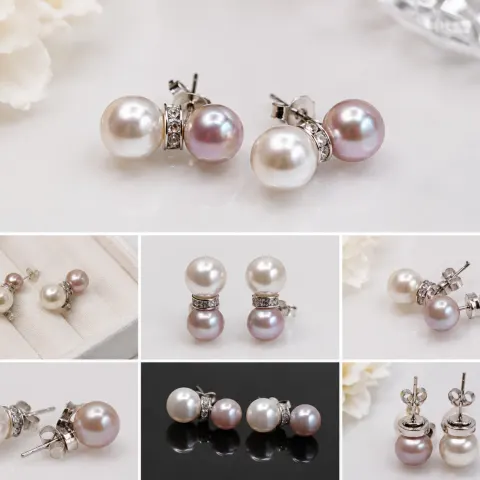 Double Pearl Stud Earrings with Crystal Detail