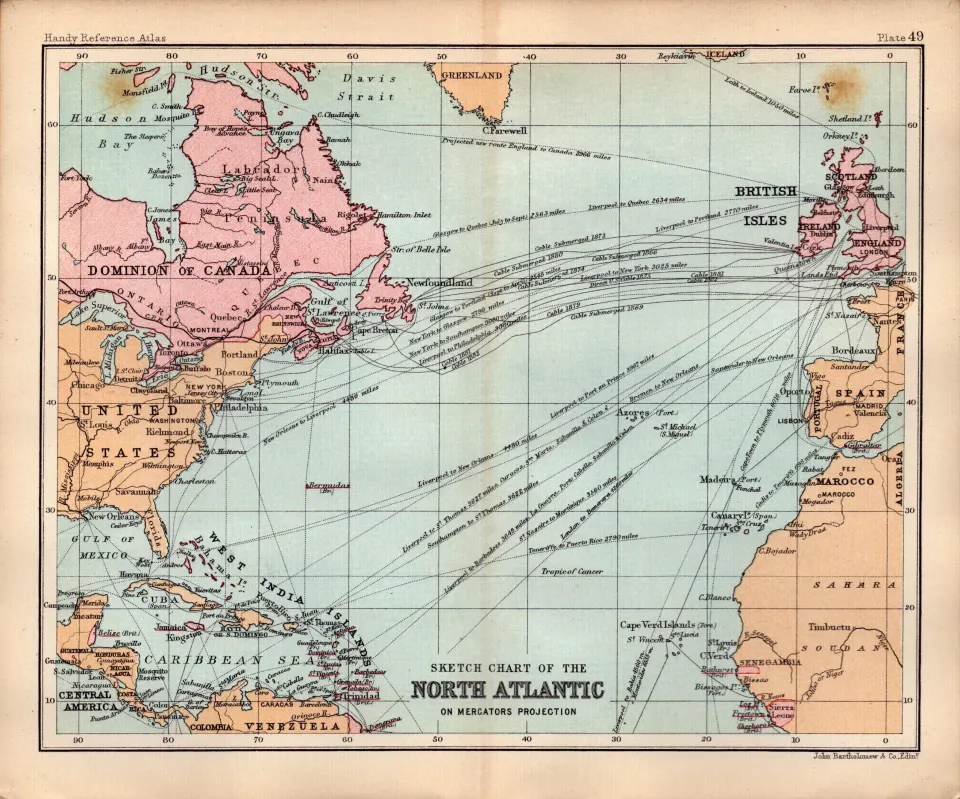 North Atlantic Chart Double Sided Antique 1896 Map.