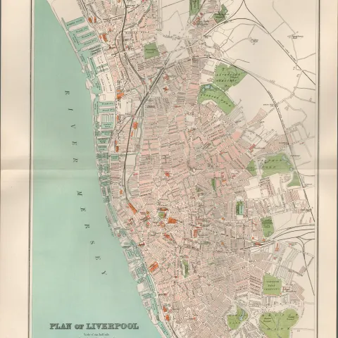 Plan Of Liverpool Victorian 1894 Coloured Antique Map.