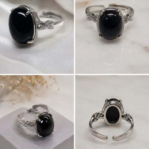 Black Oval Cabochon Adjustable Silver-Tone Ring