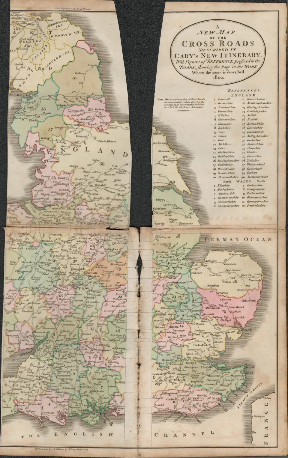John Cary’s 1791 Large Rare Folding Map of the Crossroads of England & Wales.