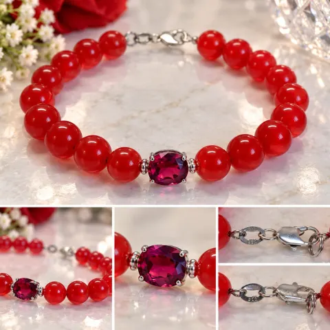 Red Beaded Bracelet with Round Deep Red Gemstone