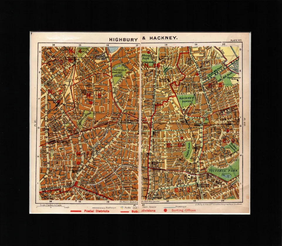 London District Highbury & Hackney Mounted Antique George V Map.