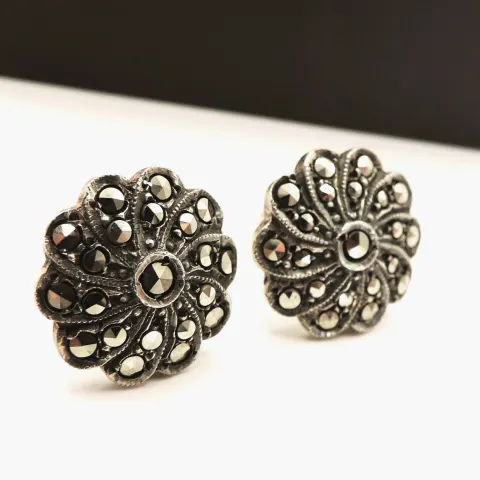 vintage Sterling Silver Marcasite Flower Head Stud Earrings