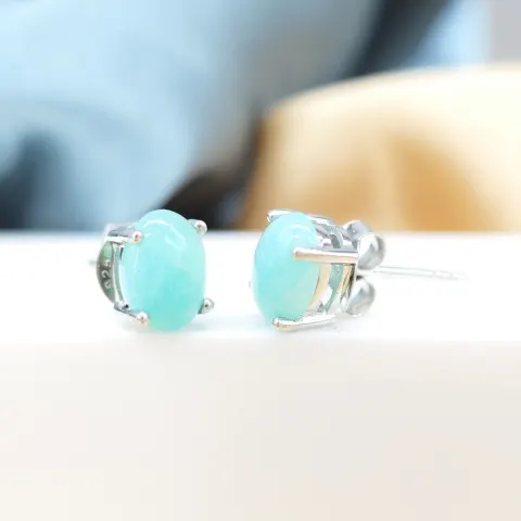 Pair of natural cabochon amazonite studs in sterling silver, with butterfly backs