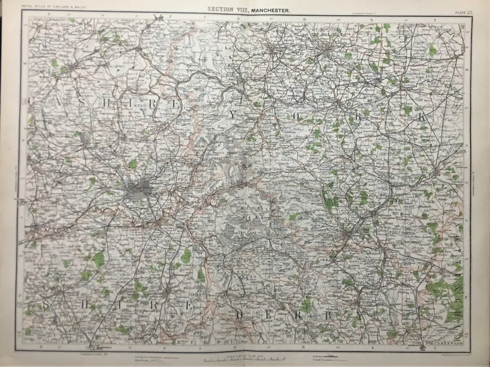 Victorian Antique 1897 Map Manchester Yorkshire High Peak  Etc.