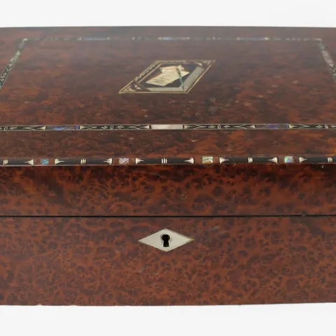 Regency Amboyna Silver Ebony & Abalone Inlaid Writing Box