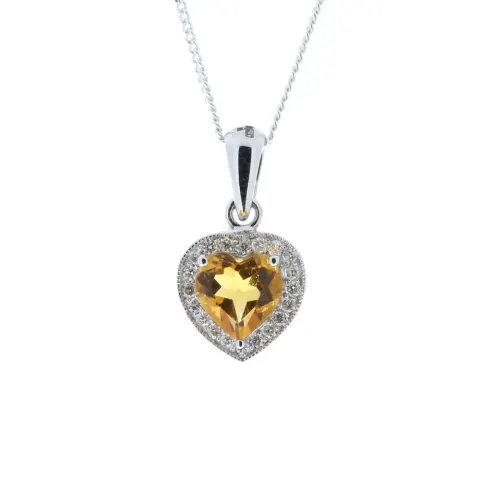 9ct White Gold Citrine Heart Shape Diamond Pendant (C0.65) 0.10 Carats