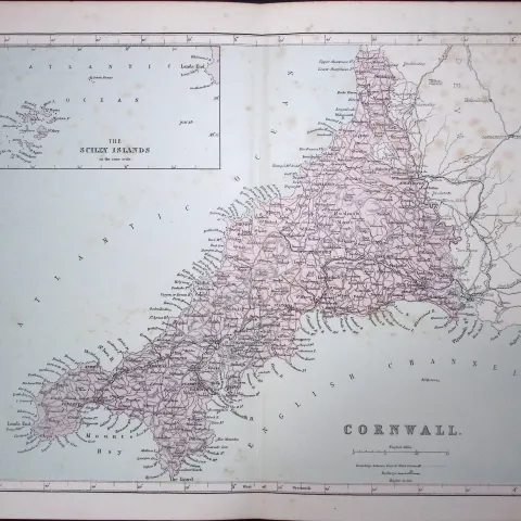 Cornwall & Scilly Islands 150 Years-Old 1875 Coloured Detailed Antique 1875 Map-44
