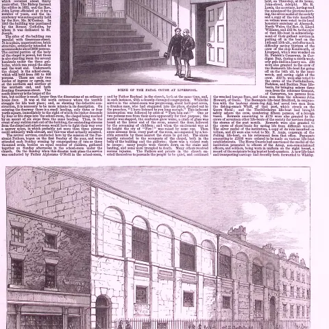 Disaster at Liverpool 15 Dead, St Josephs Church Grosvenor Street Antique Woodcut.
