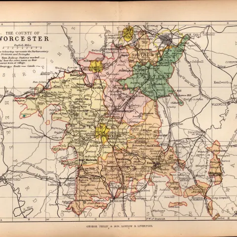 County of Worcestershire 1895 Antique Victorian Coloured Map.