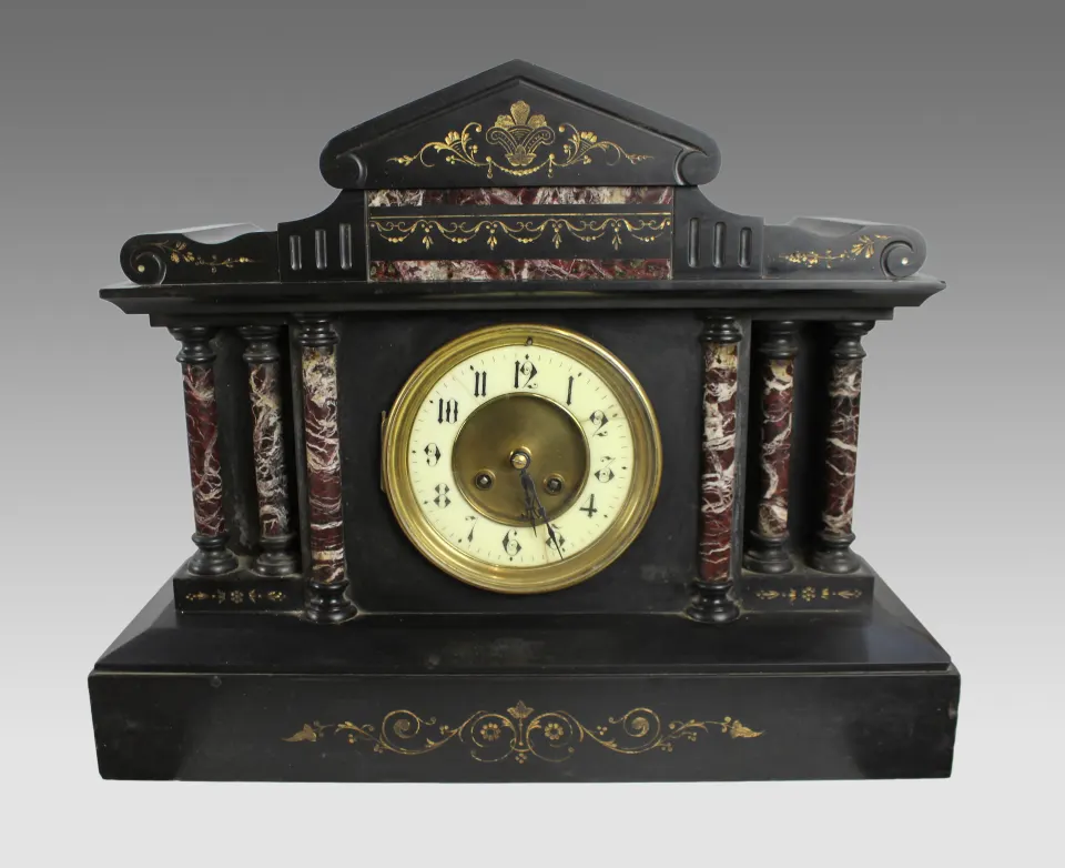 High Victorian Inlaid Black Marble Palladium Mantle Clock