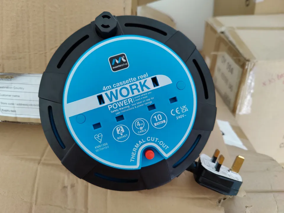 3 x NEW PACKAGED MASTERPLUG 4M CASSETTE EXTENSION REEL. WORK POWER. 10 AMPS.