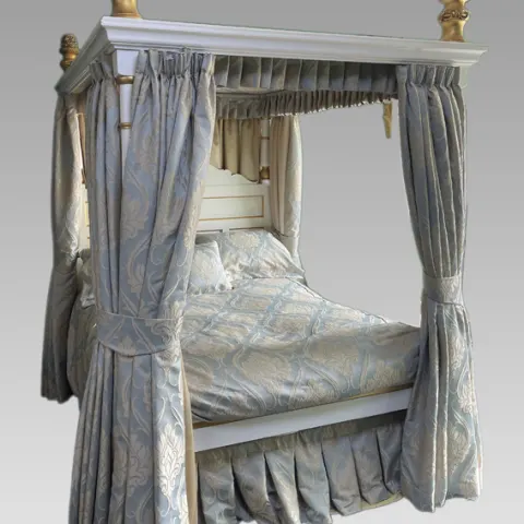 Hand Made White & Gold Painted Carved Wooden Four Poster Bed