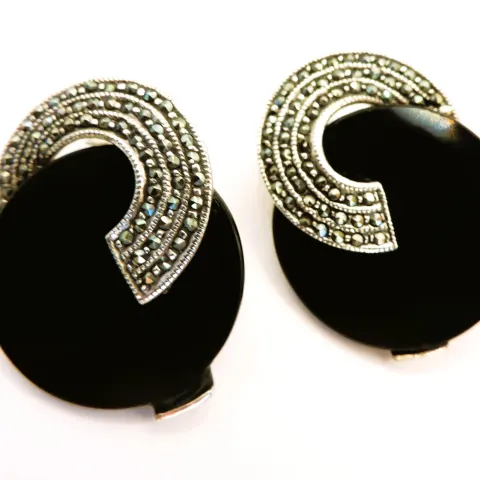 Art Deco Sterling Silver Black Onyx & Marcasite Stud Earrings