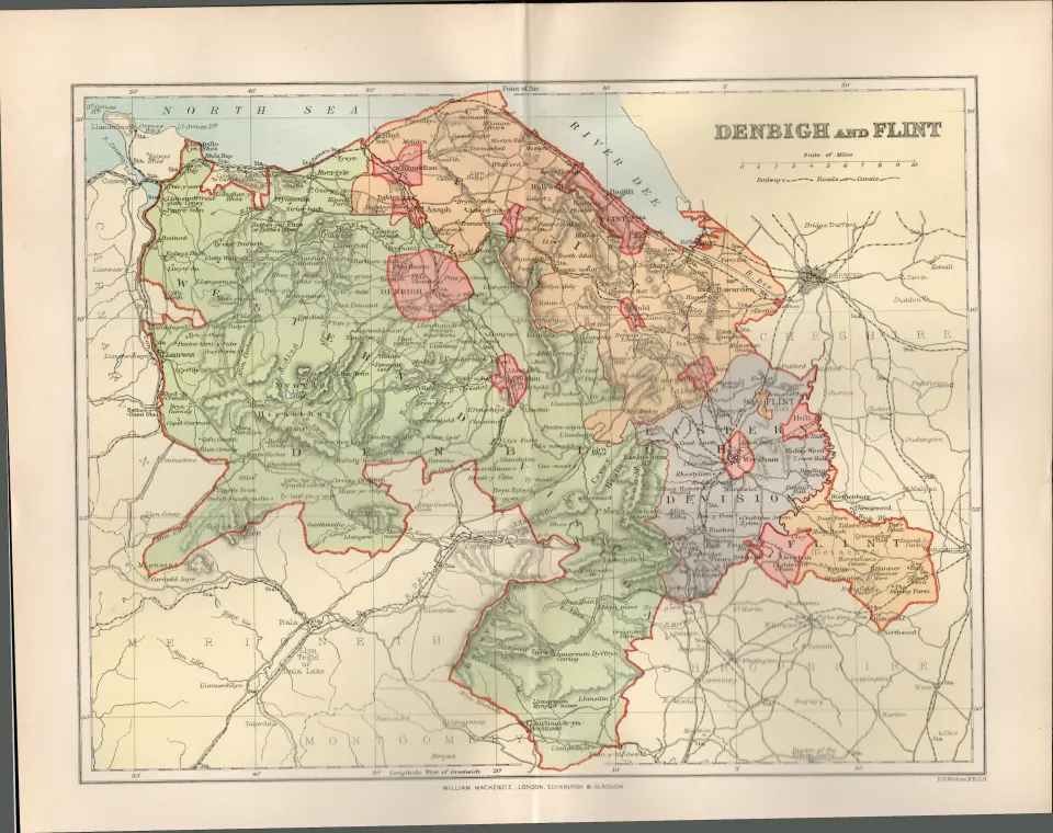 Denbigh & Flint Wales Victorian 1894 Coloured  Antique Map.