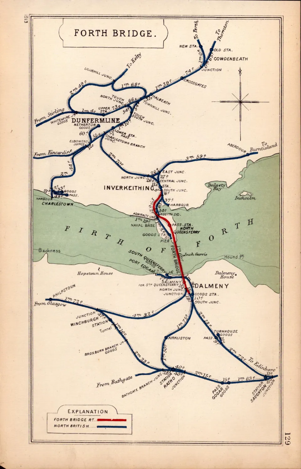 Forth Bridge Dunfermine Inverkeithing  Scotland Antique Railway Diagram-129.