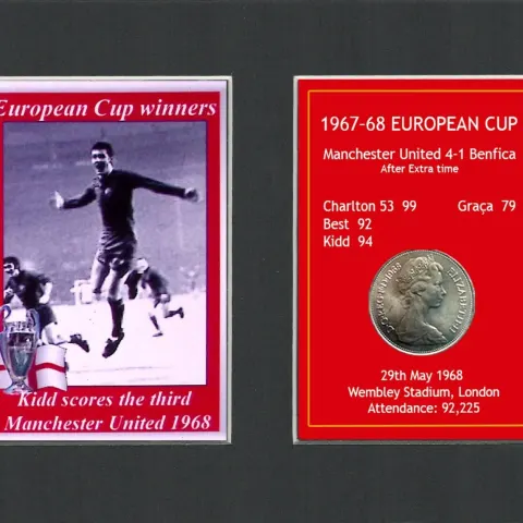 Kidd Scores The Third Manchester United 1968 European Cup Mounted Coin Metal Art