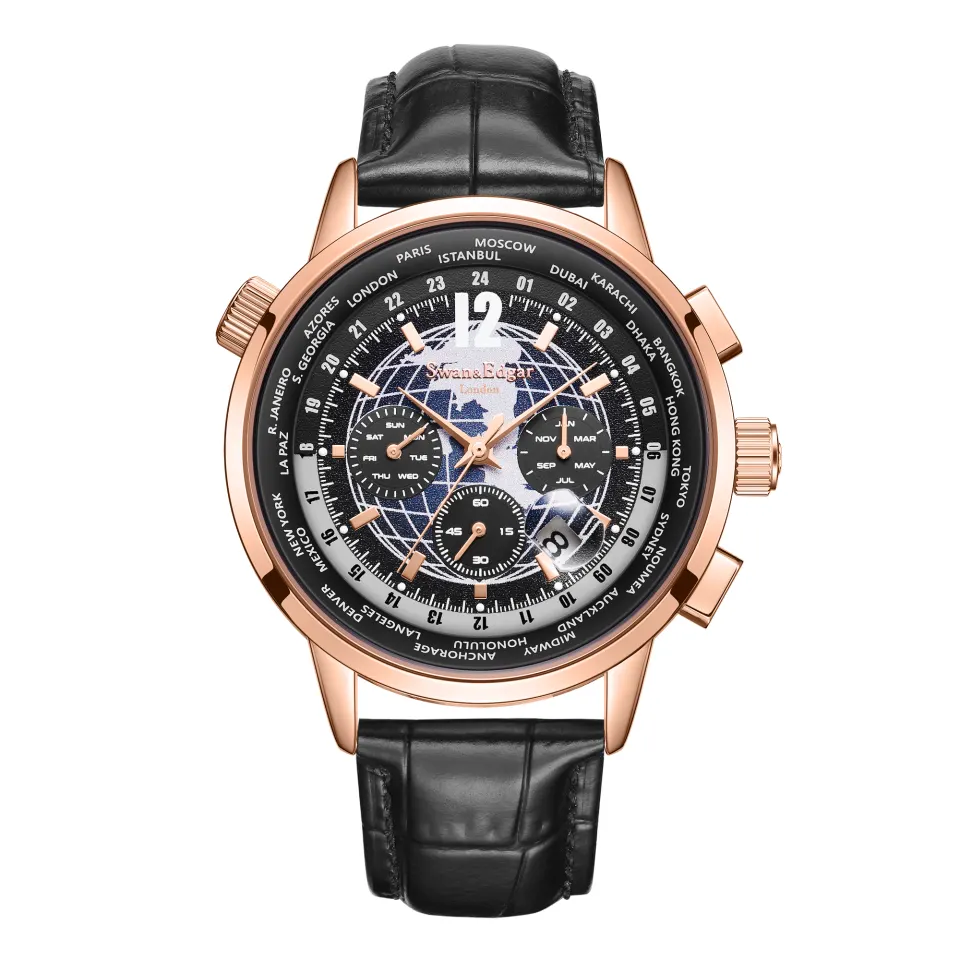 Swan & Edgar Hand Assembled Navigator Automatic Rose Black Watch - FREE DELIVERY & 5 YEAR WARRANTY